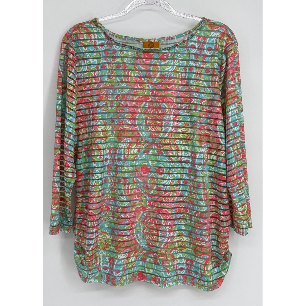 Ruby Rd Womens Multi Color Paisley Burnout Stripe 3/4 Sleeve Beaded Top Sz XL